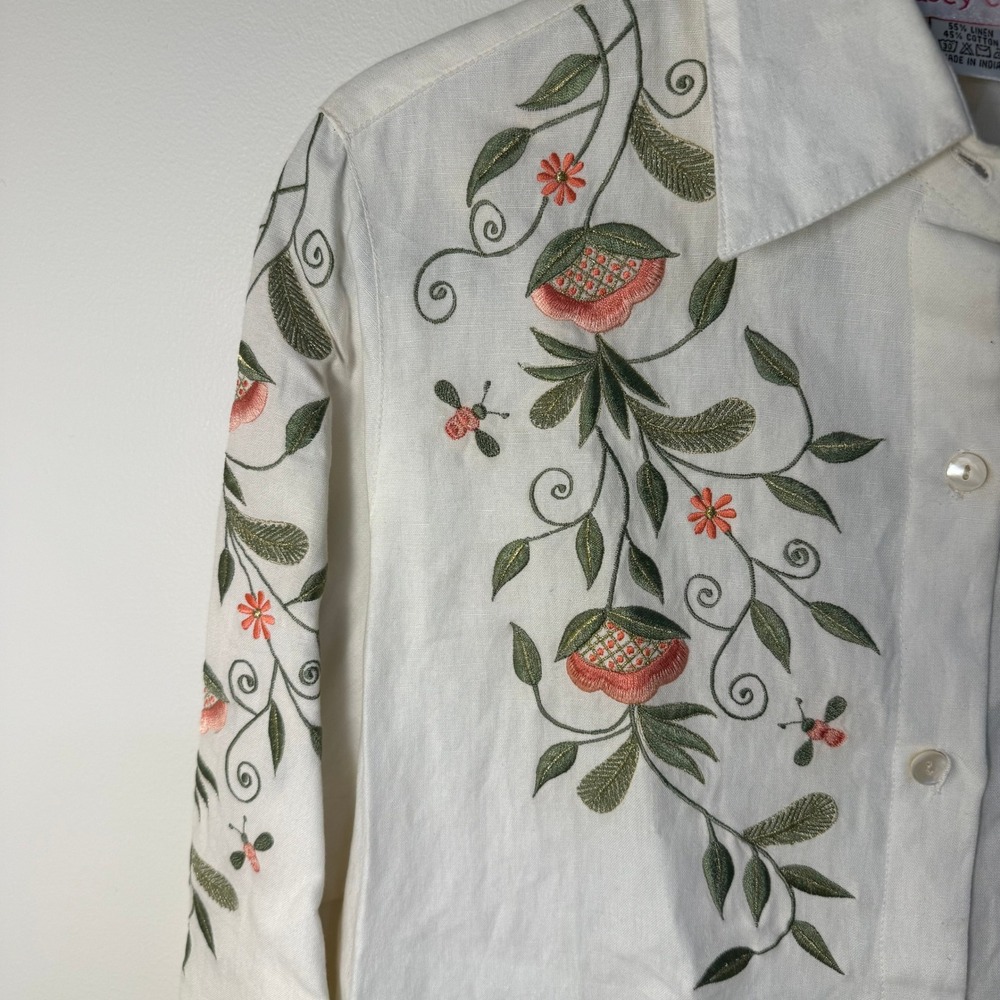 Casey Coleman White Linen Cotton Floral Embroidered Button Shirt XL Cottagecore - Picture 5 of 7